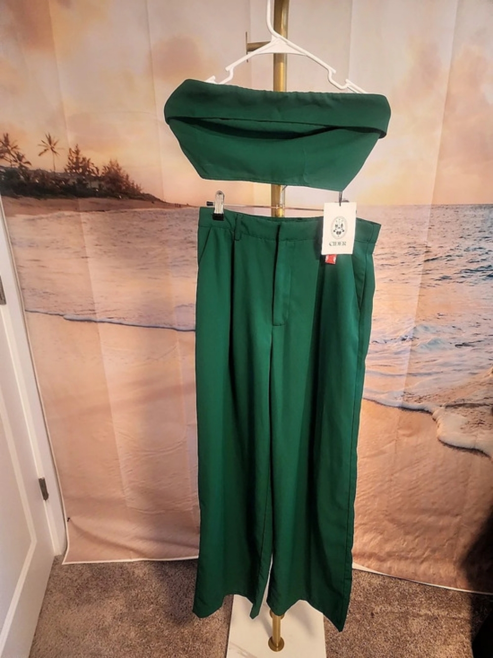 Cider Solid Shirred Tube Top & High Waist Pants Set Green Medium